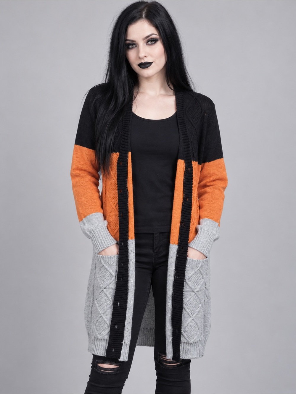 SHEIN Black, Orange & Gray Open-Front Colorblock Long Cardigan
